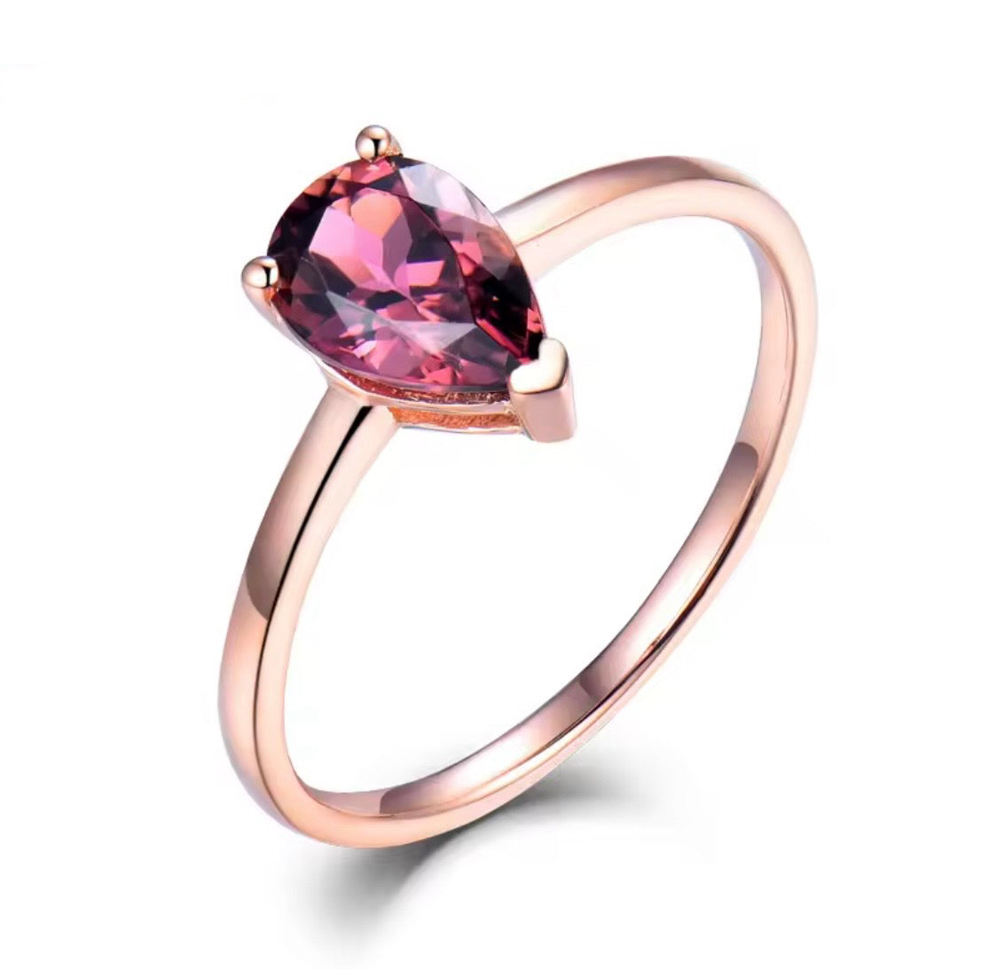 14K rose gold pink tourmaline ring with pear cut natural gemstone minimalist design