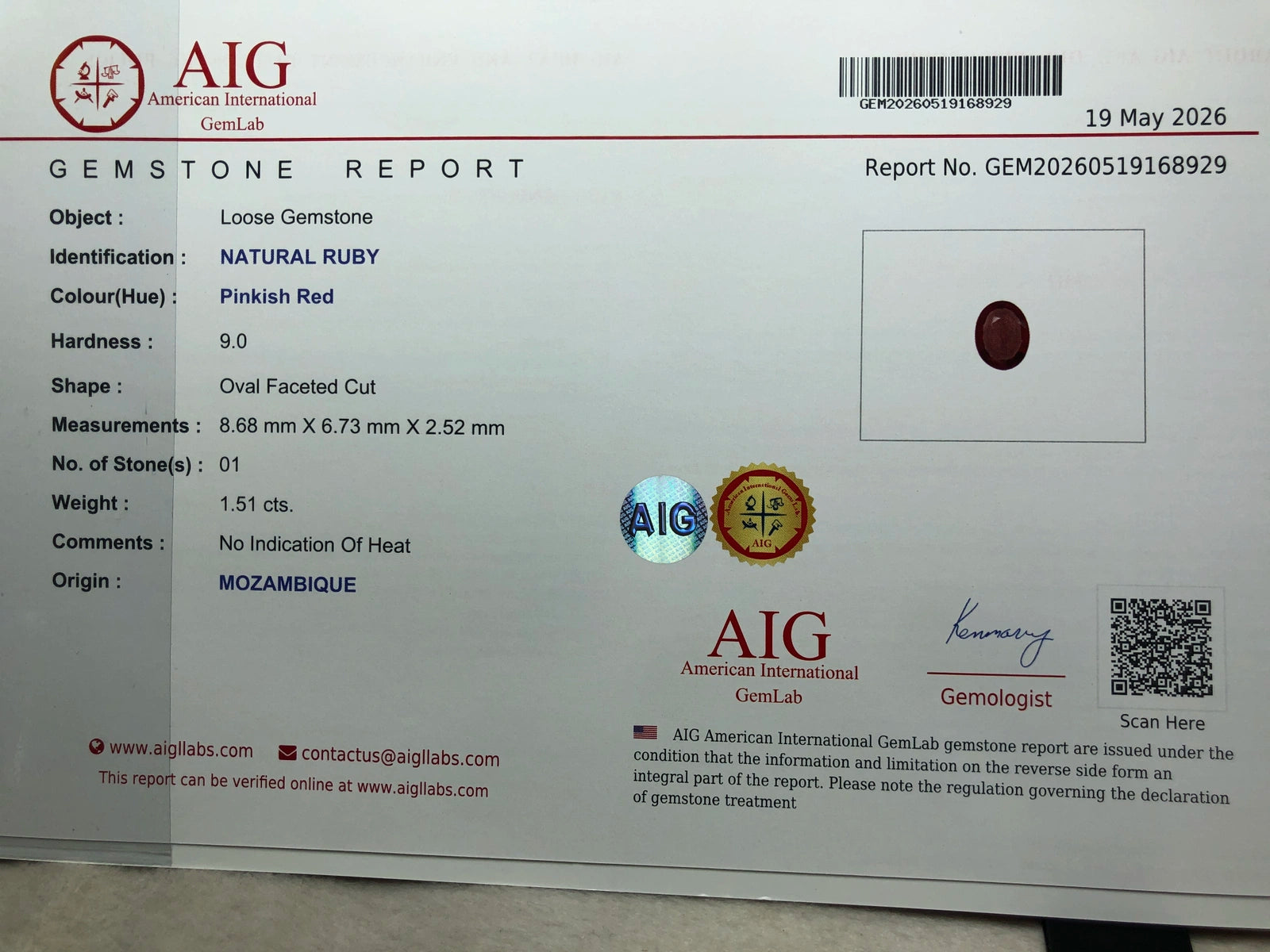 Natural Mozambique Ruby 1.51 ct – Oval Cut, No Heat, AIG Certified
