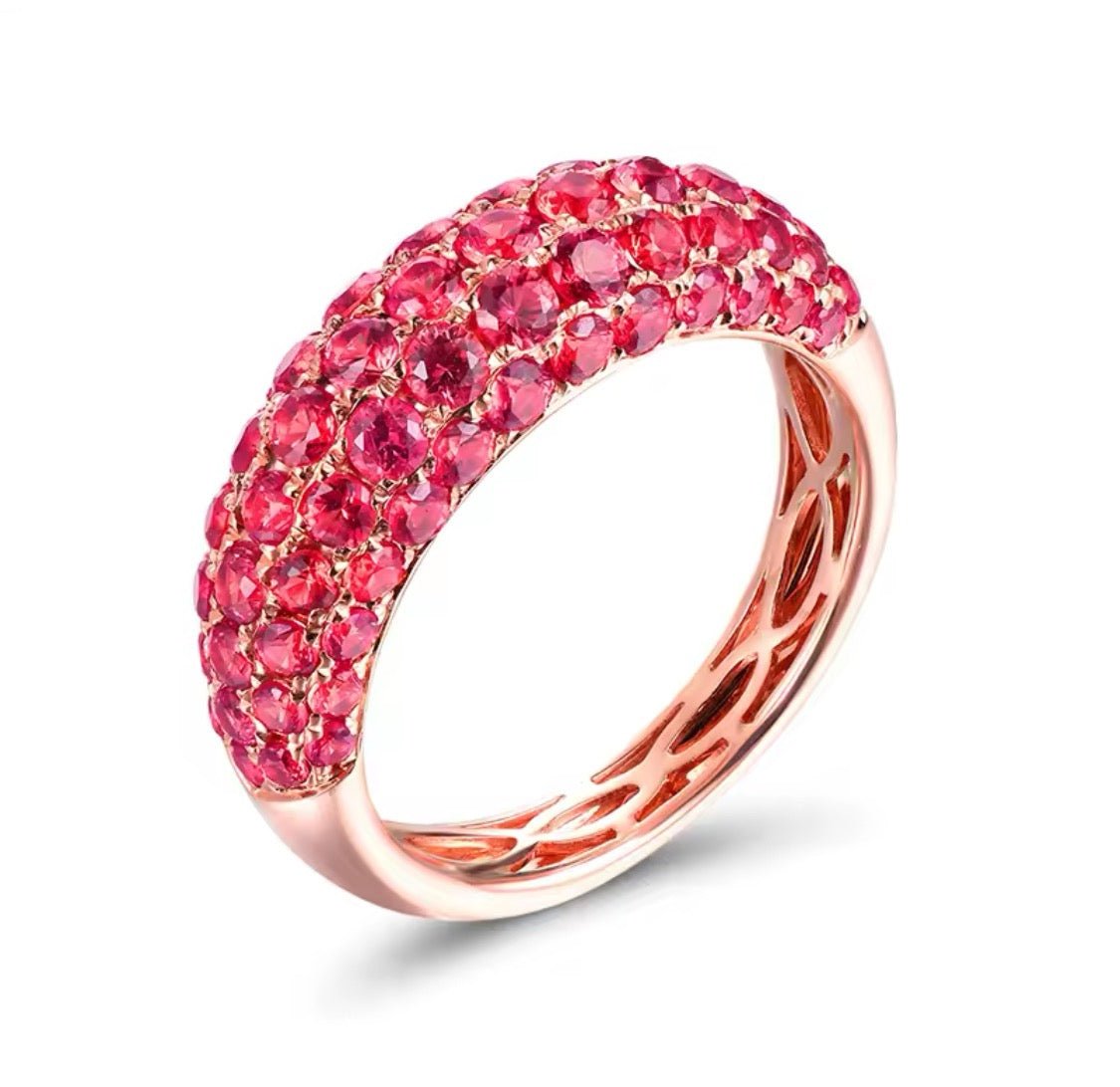 14K rose gold ruby ring with 3.55 carat natural oval cut rubies, pavé style luxury unisex gemstone jewelry