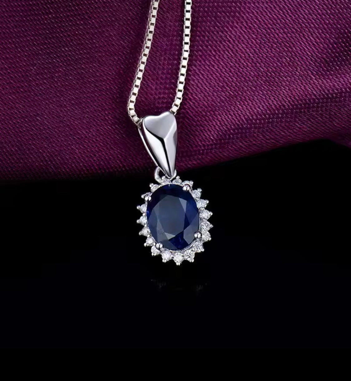 18K white gold sapphire diamond pendant with 1.60 carat oval natural sapphire and diamond halo