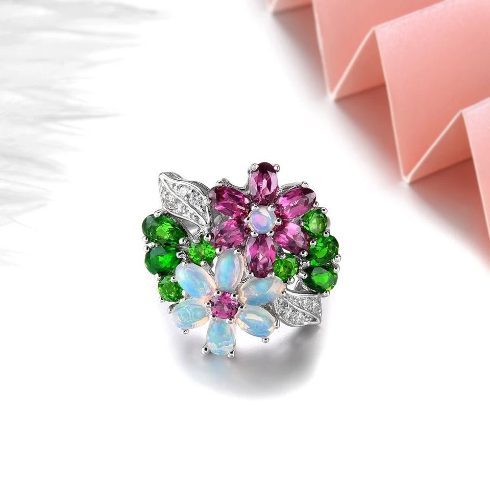 Silver 4.00 ct Chrome Diopside / Rhodolite Garnet / Opal Ring