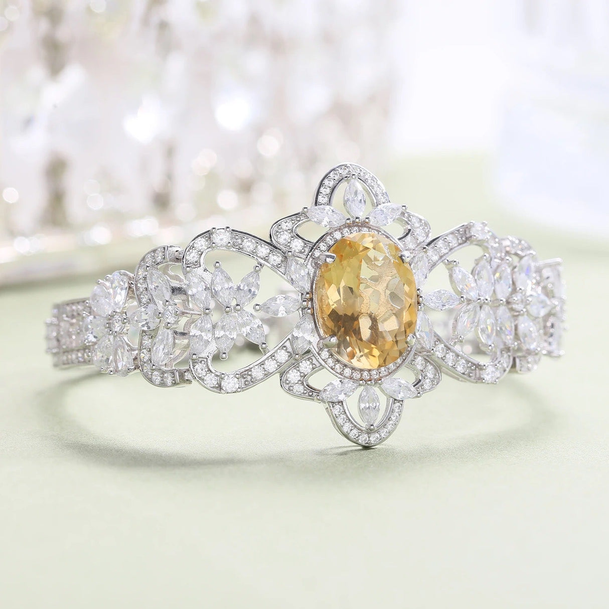 Silver Bracelet with Natural Citrine & Zirconia – Oval Cut, 925 Sterling