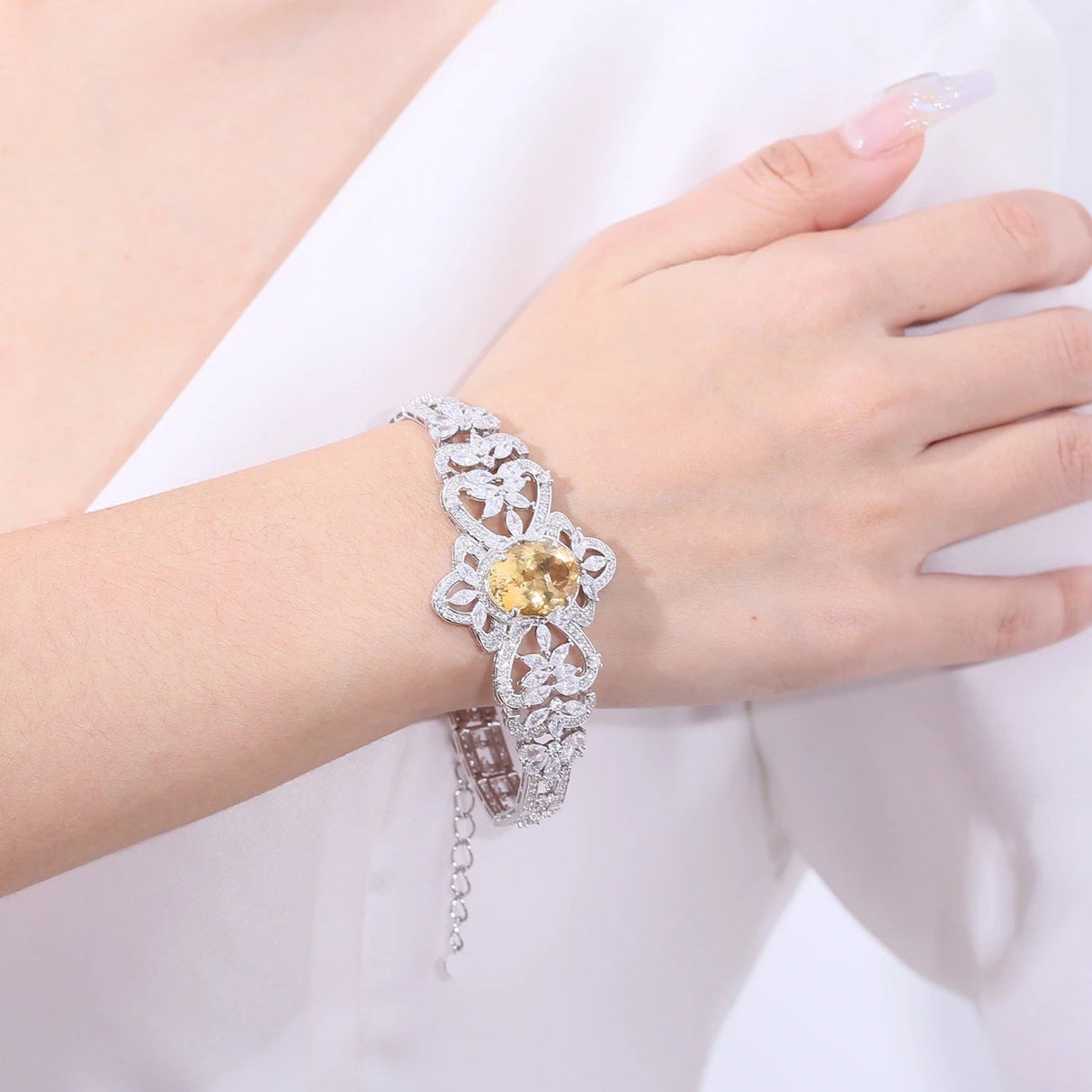 Silver Bracelet with Natural Citrine & Zirconia – Oval Cut, 925 Sterling