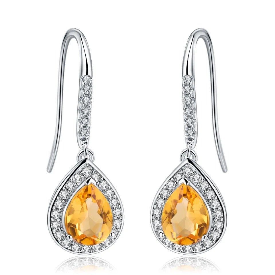 Silver Earrings with Natural Citrine 2.17 ct – Pear Cut, Halo Design