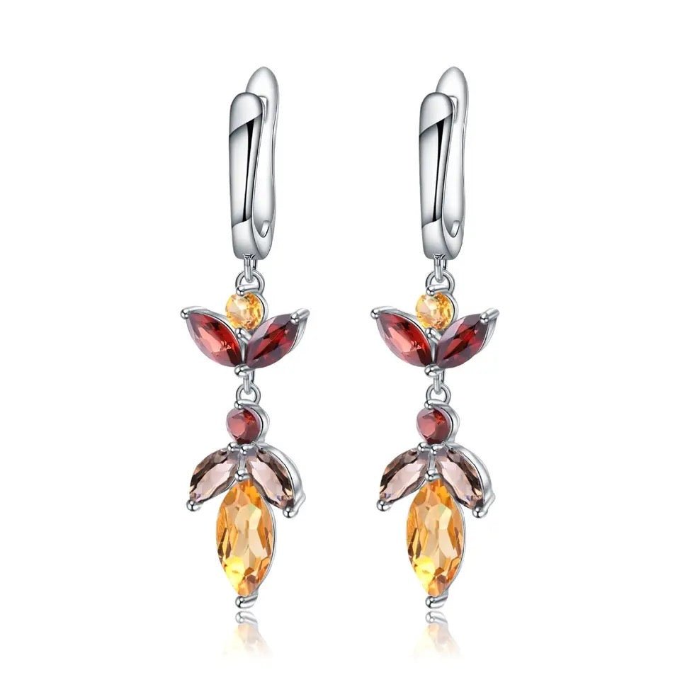 Silver Earrings with Natural Citrine & Garnet – Pear Cut, 45 mm