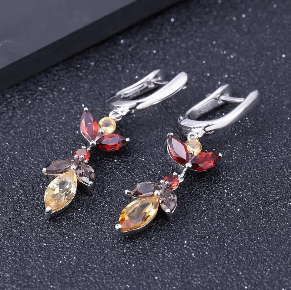 Silver Earrings with Natural Citrine & Garnet – Pear Cut, 45 mm