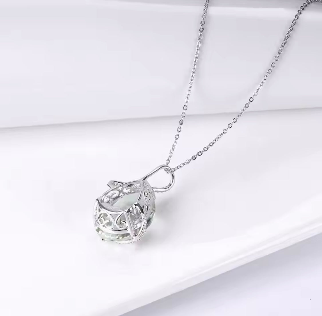 Silver Green Amethyst Pendant – 15.10 ct Natural Prasiolite Necklace