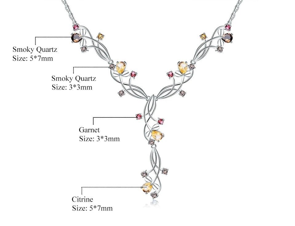 Silver Necklace with Natural Citrine, Garnet & Smoky Quartz – 5.87 ct