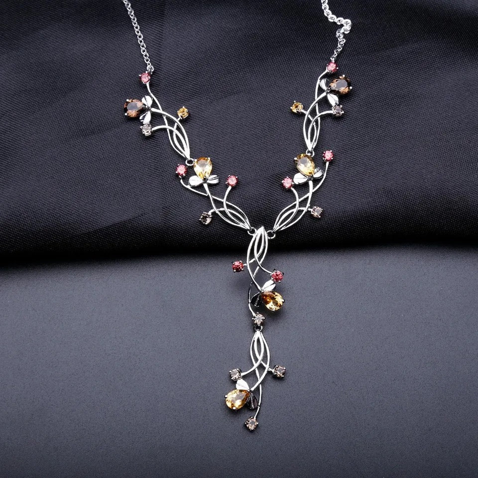 Silver Necklace with Natural Citrine, Garnet & Smoky Quartz – 5.87 ct