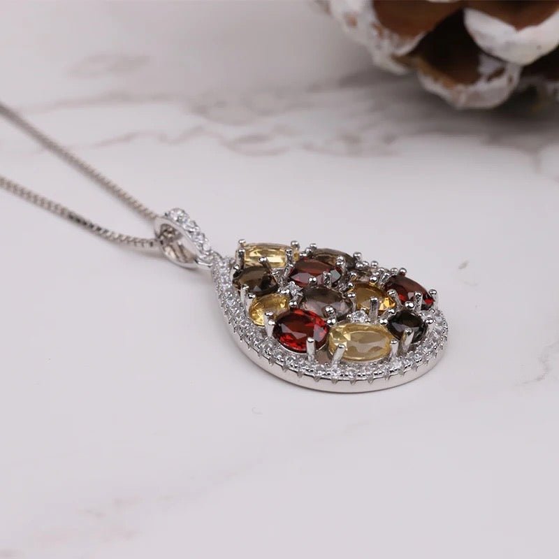 Silver Pendant with Natural Garnet, Citrine & Smoky Quartz – Water Drop Design