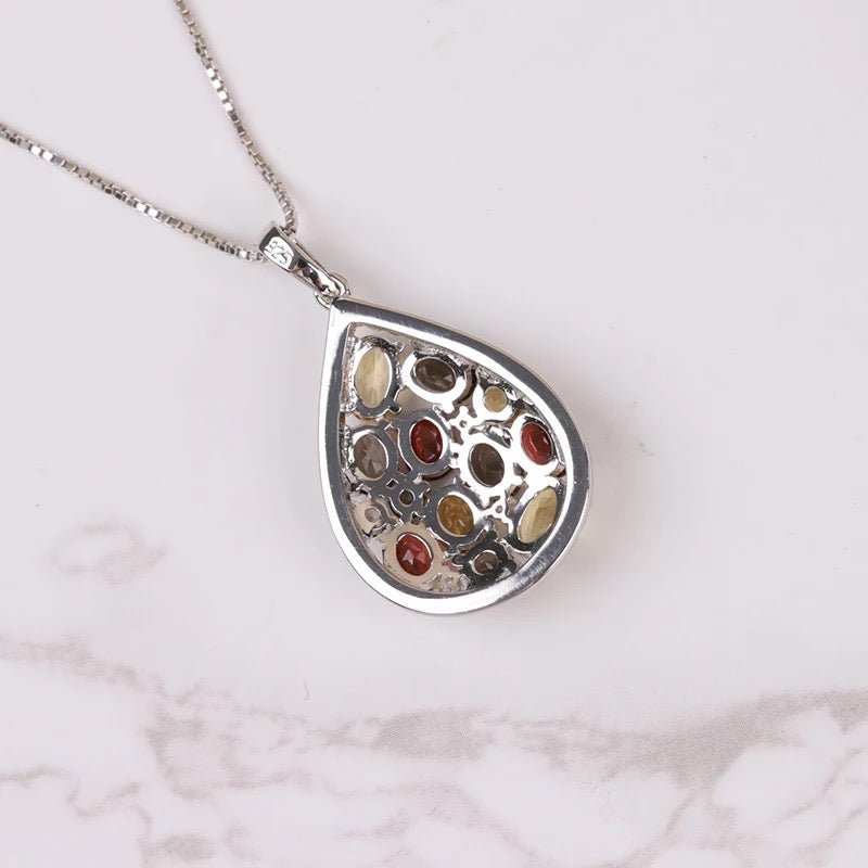 Silver Pendant with Natural Garnet, Citrine & Smoky Quartz – Water Drop Design