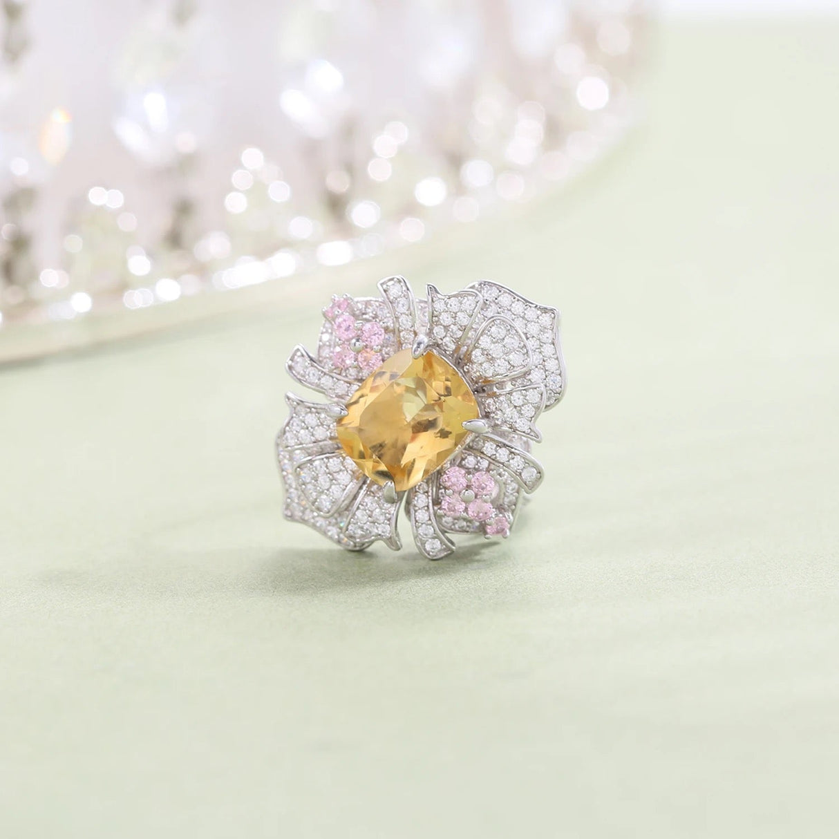 Silver Resizable Ring with Natural Citrine – Cushion Cut & Zirconia Accents