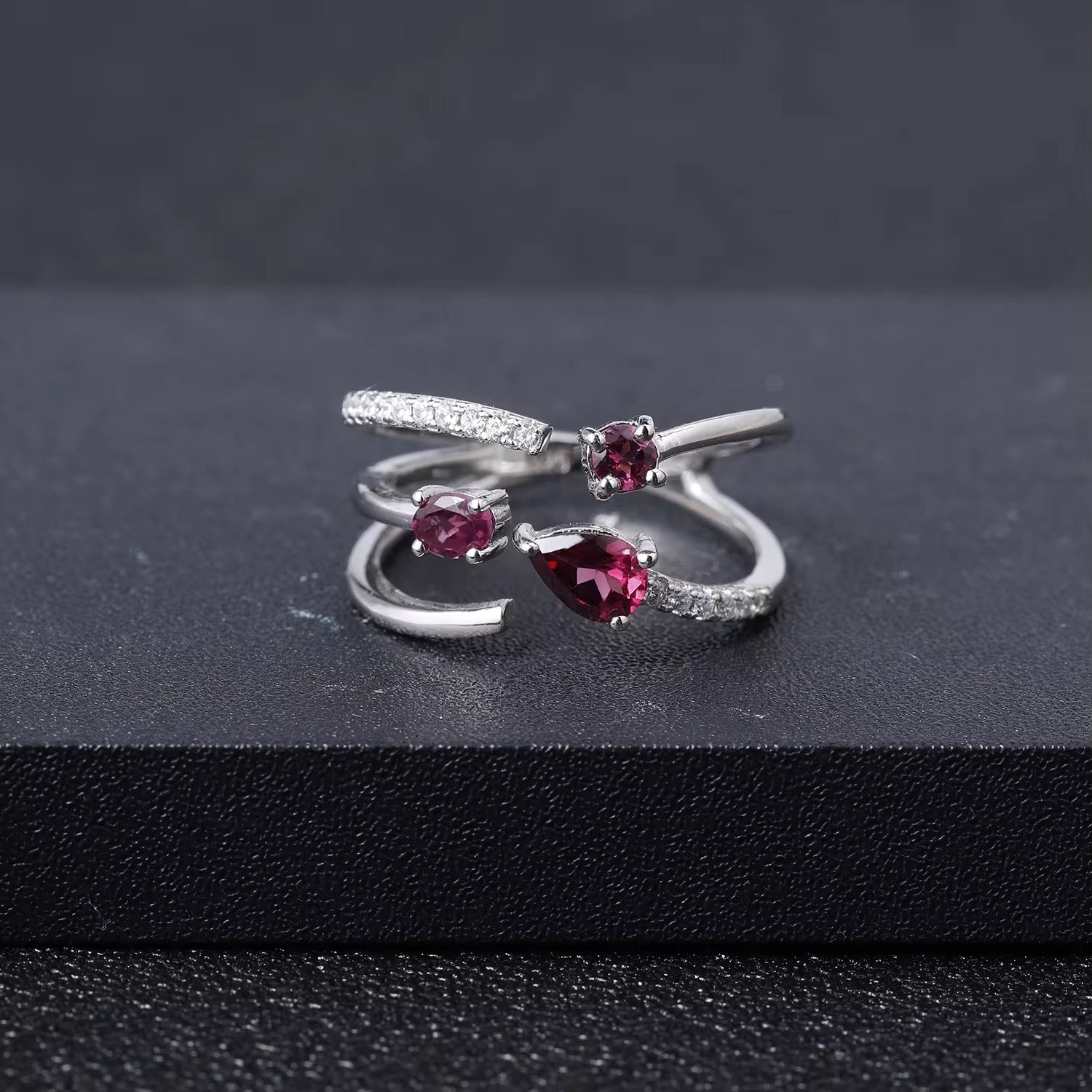 Silver Resizable Ring with Natural Rhodolite Garnet 0.87 ct – Drop, Oval & Round Cut