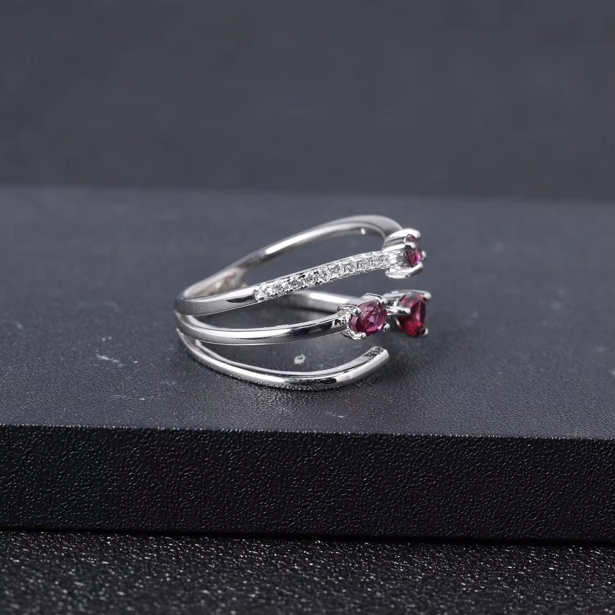 Silver Resizable Ring with Natural Rhodolite Garnet 0.87 ct – Drop, Oval & Round Cut