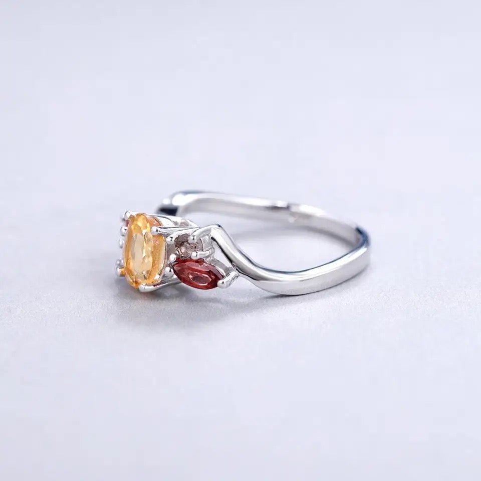 Silver Ring with Citrine, Garnet & Smoky Quartz 1.34 ct – Pear & Round Cut