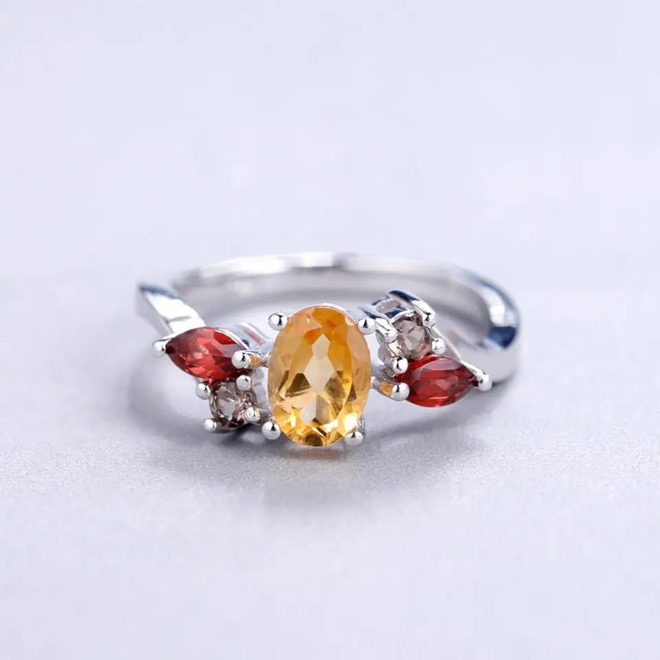 Silver Ring with Citrine, Garnet & Smoky Quartz 1.34 ct – Pear & Round Cut