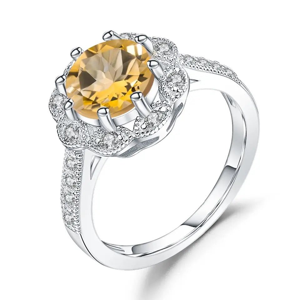 Silver Ring with Natural Citrine 2.01 ct – Round Cut, Halo Design