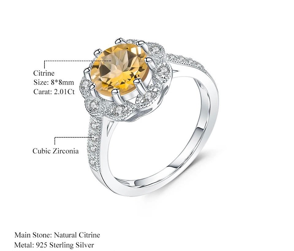 Silver Ring with Natural Citrine 2.01 ct – Round Cut, Halo Design
