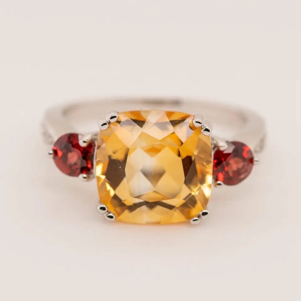 Silver Ring with Natural Citrine & Garnet 5.55 ct – Cushion & Round Cut