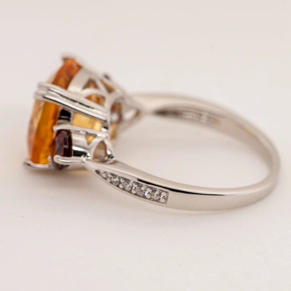 Silver Ring with Natural Citrine & Garnet 5.55 ct – Cushion & Round Cut