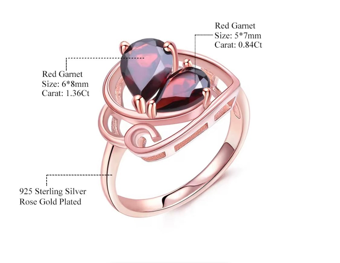 Silver Ring with Natural Garnet 2.20 ct – Drop Cut, Rose Gold Plated