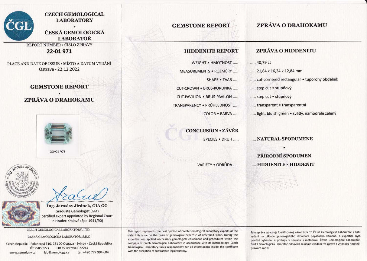 Spodumene 40.79 ct – Light Bluish Green Spodumene (Octagonal, Untreated, ČGL Certified)