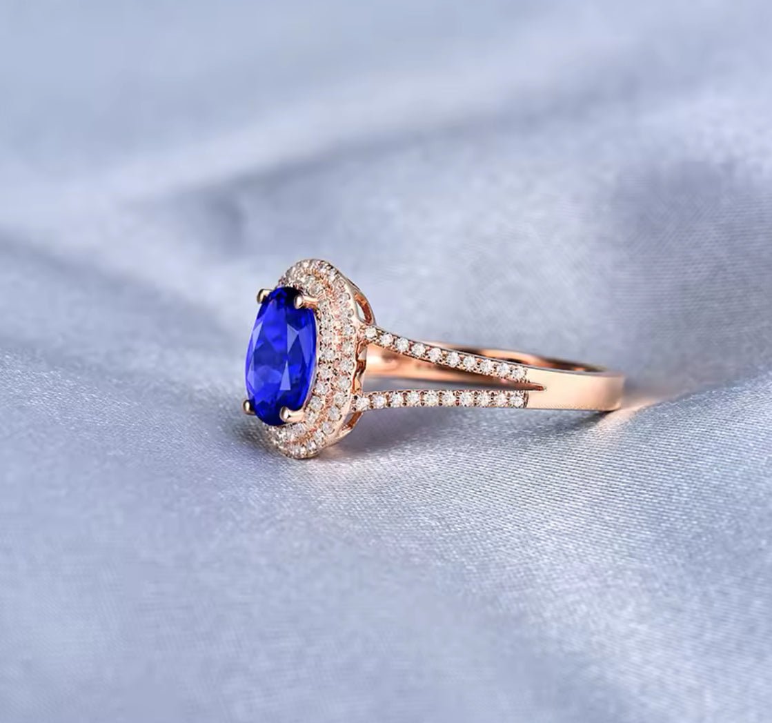 14K rose gold tanzanite diamond ring with 1.70 carat oval natural tanzanite and diamond halo