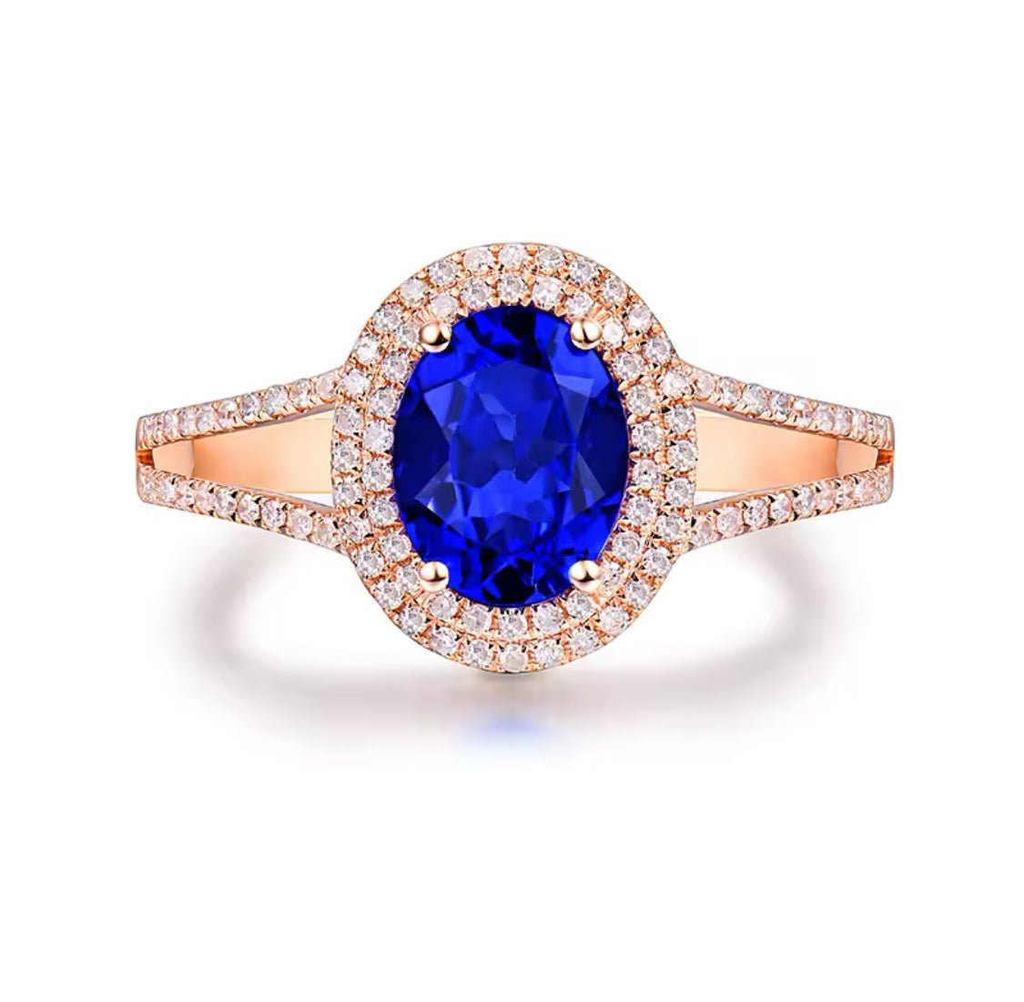 14K rose gold tanzanite diamond ring with 1.70 carat oval natural tanzanite and diamond halo