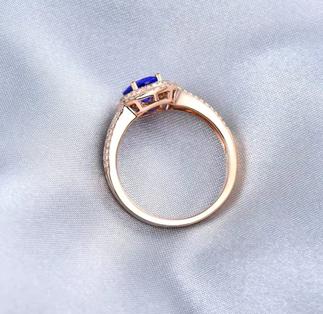 14K rose gold tanzanite diamond ring with 1.70 carat oval natural tanzanite and diamond halo