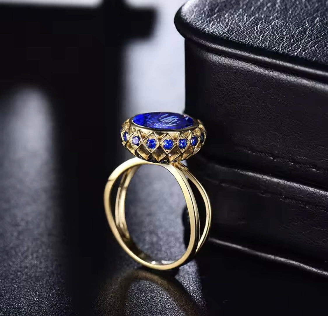 18K yellow gold tanzanite diamond halo ring oval cut royal floral design