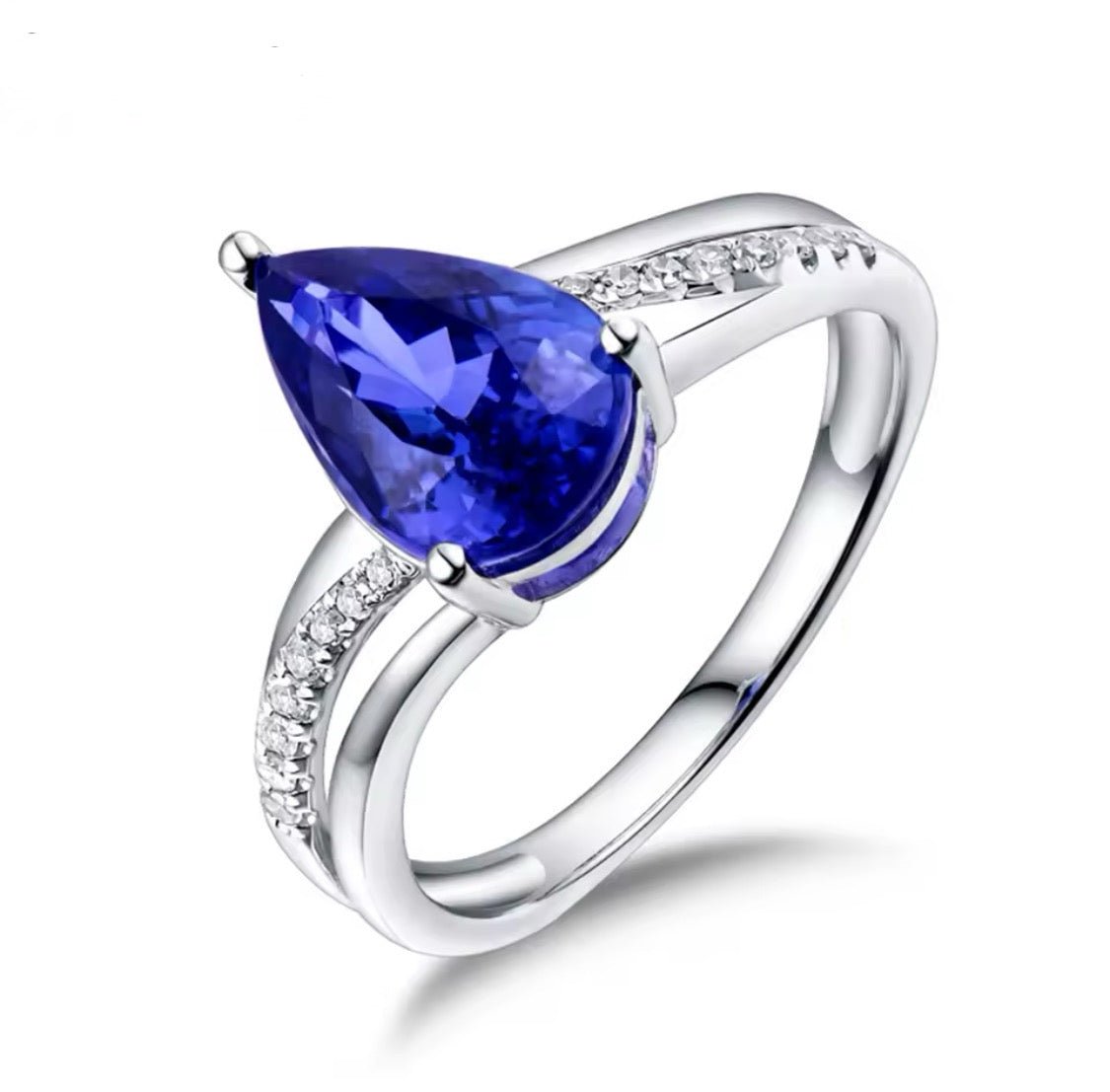 18K white gold tanzanite ring, 2.25 carat natural pear cut tanzanite, very good clarity, diamond accents, luxury fine jewelry