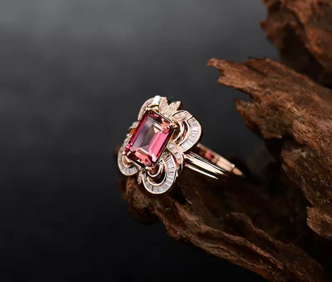 18K rose gold tourmaline diamond ring with 6 carat emerald cut tourmaline and baguette diamond accents