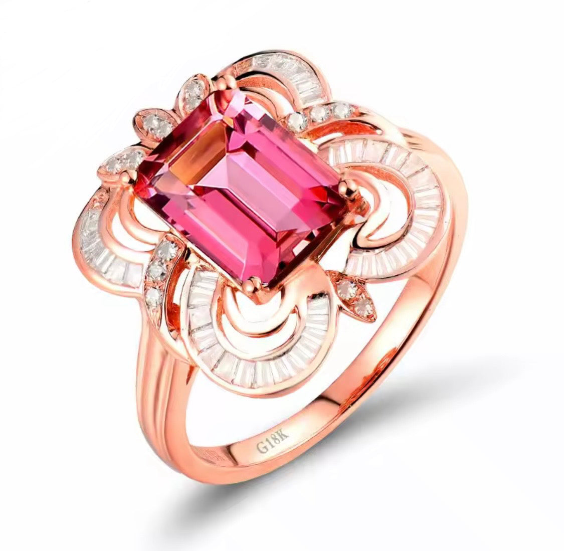 18K rose gold tourmaline diamond ring with 6 carat emerald cut tourmaline and baguette diamond accents