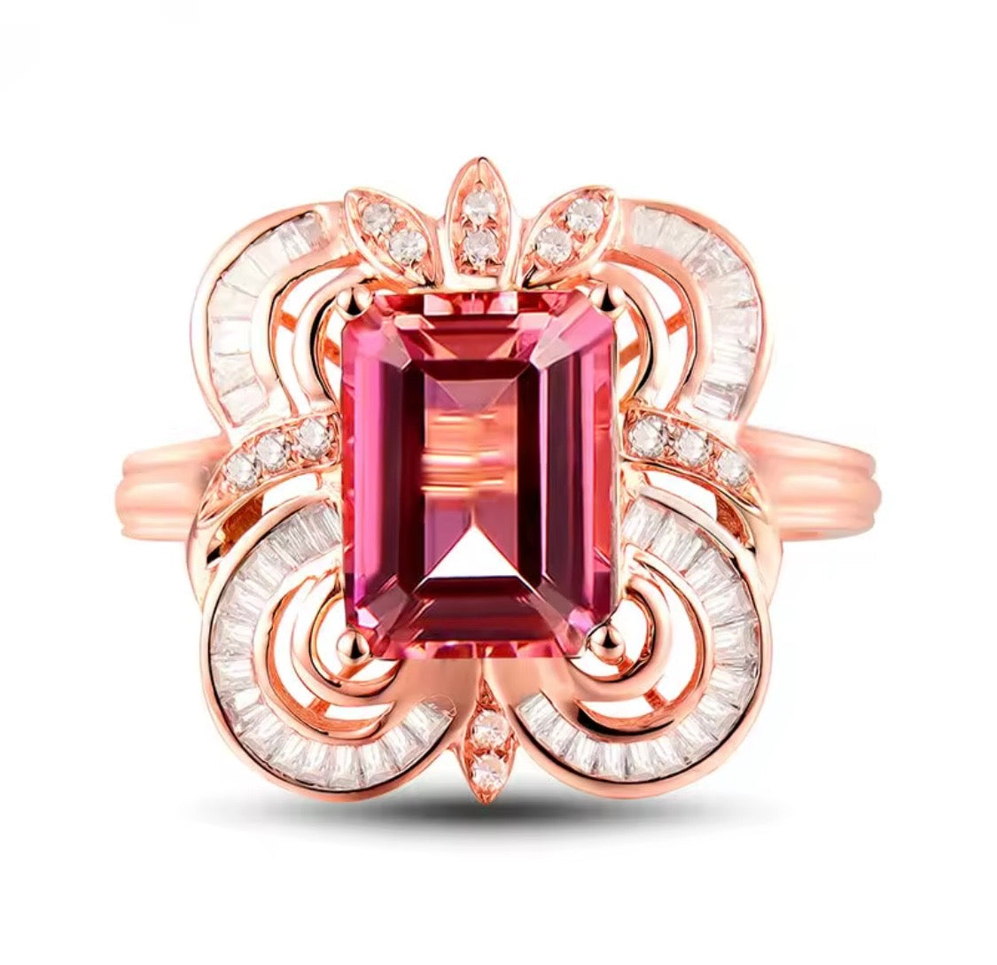 18K rose gold tourmaline diamond ring with 6 carat emerald cut tourmaline and baguette diamond accents