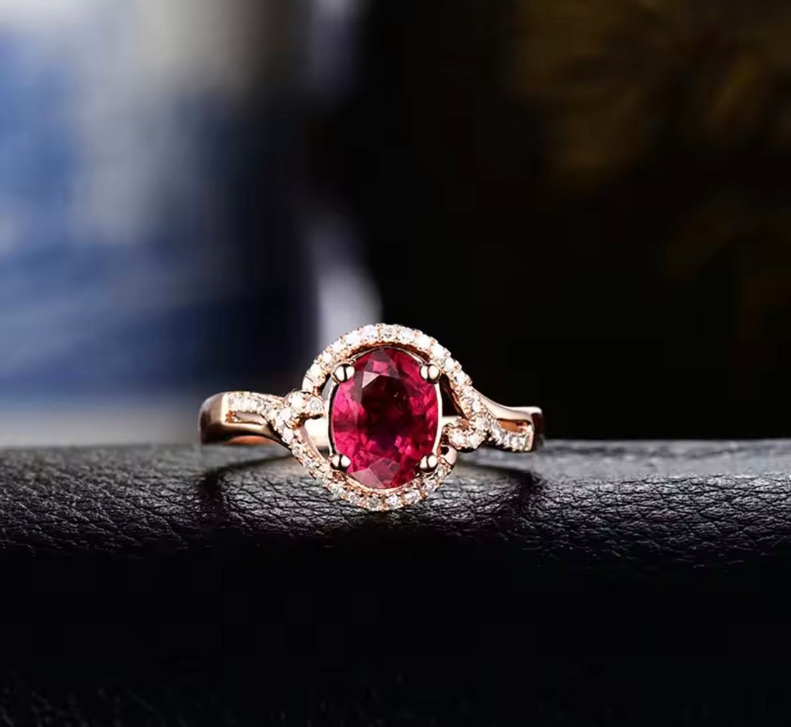 18K rose gold tourmaline diamond ring with oval 6x8 mm natural tourmaline and round diamond accents