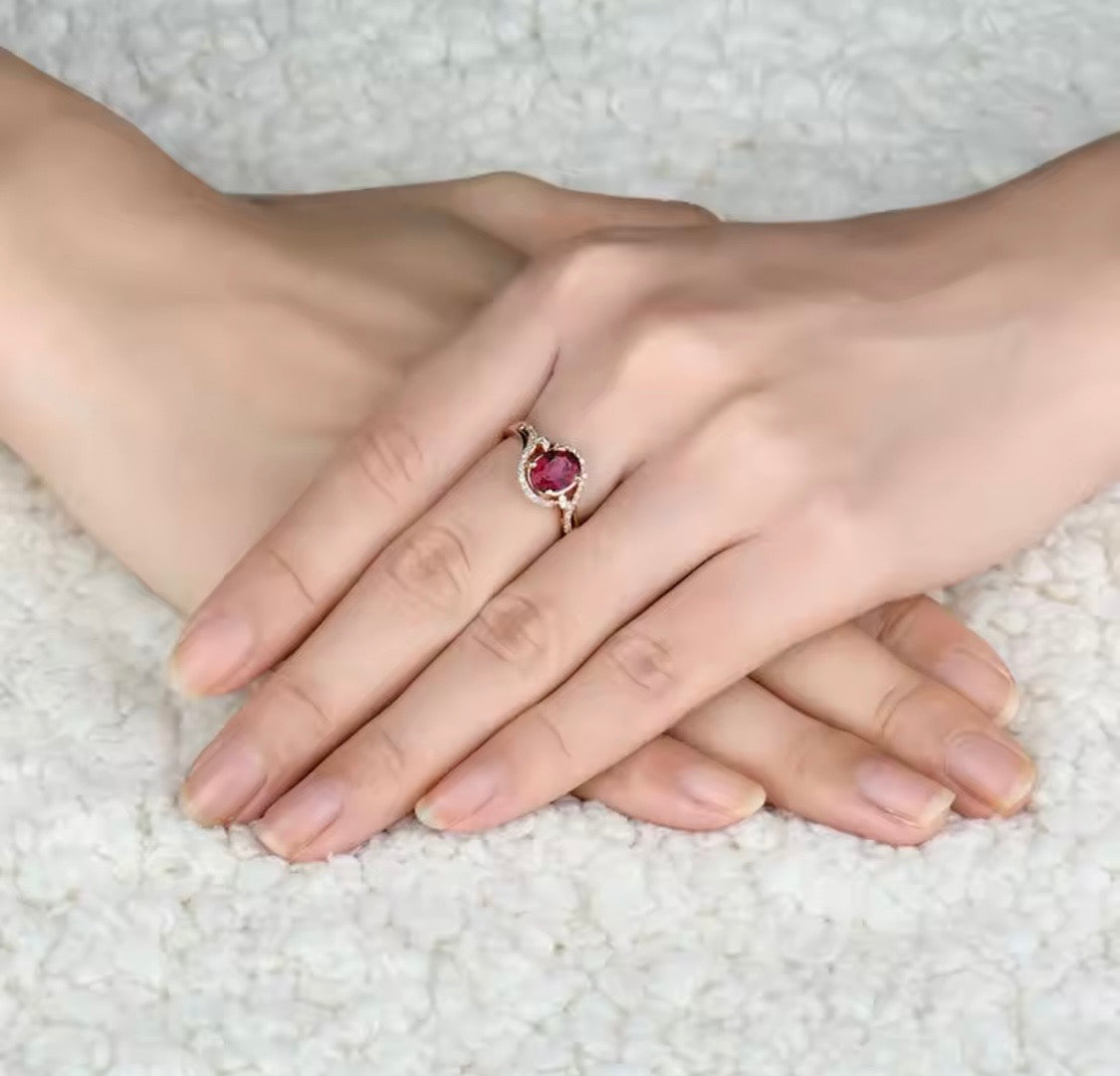 18K rose gold tourmaline diamond ring with oval 6x8 mm natural tourmaline and round diamond accents