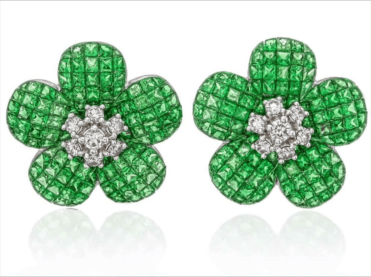 Tsavorite 19.80ct & Diamond 1.05ct Flower Earrings - 18K White Gold