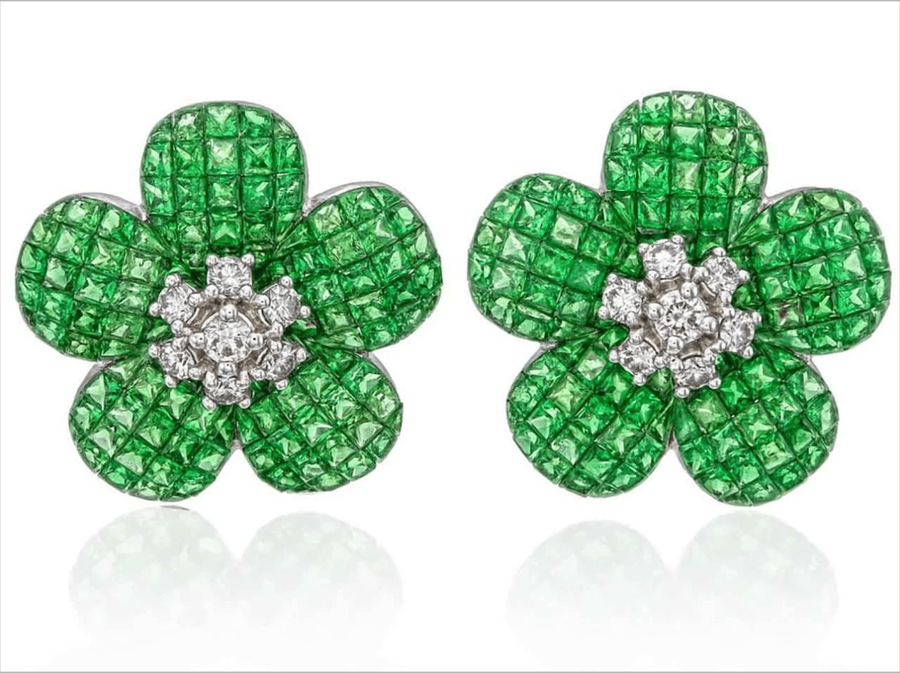 Tsavorite 19.80ct & Diamond 1.05ct Flower Earrings - 18K White Gold