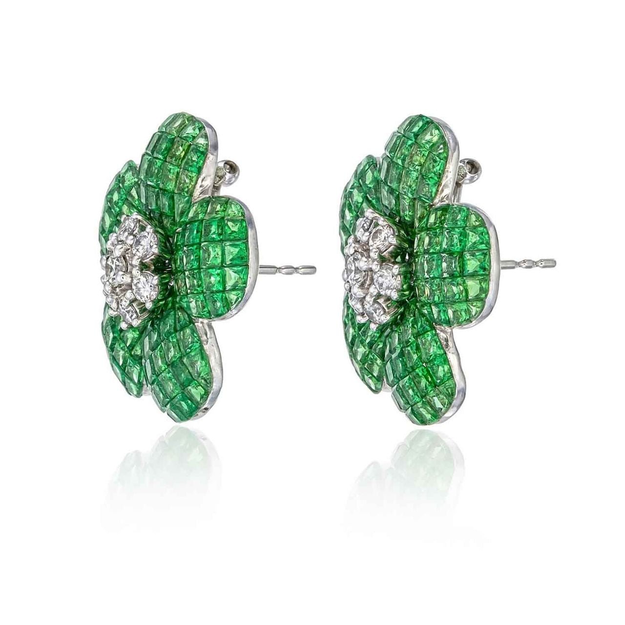 Tsavorite 19.80ct & Diamond 1.05ct Flower Earrings - 18K White Gold