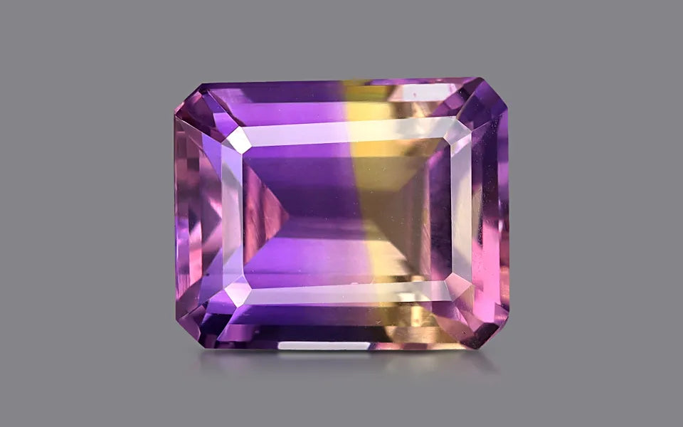 Natural ametrine, yellow,violet, emerald cut, loose gemstone, view 4.