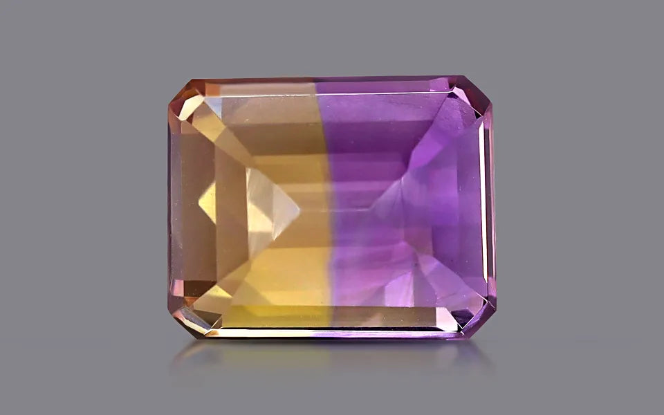 Natural ametrine, yellow,violet, emerald cut, loose gemstone, view 4.
