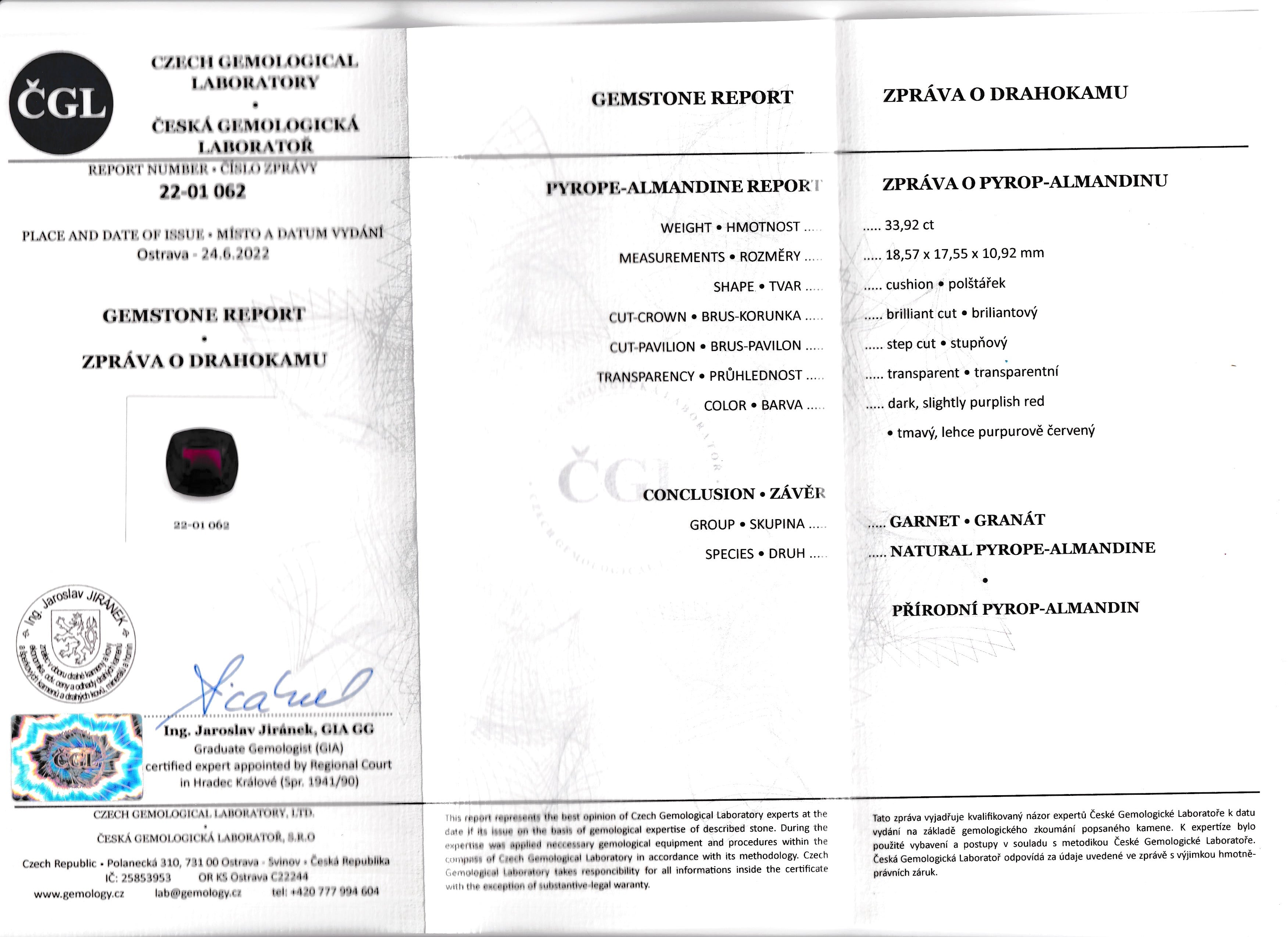 Certificate of Natural garnet, dark, slightly purplish red, cushion cut, 33.92 ct, loose gemstone