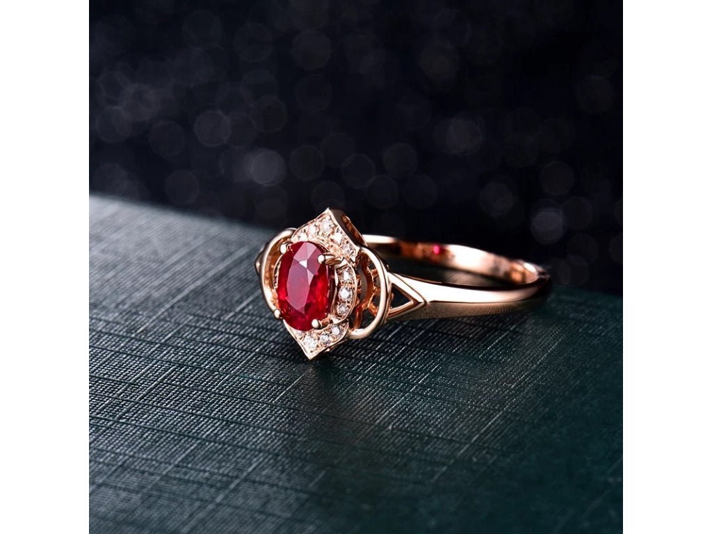 14k Gold Rose & 0.49ct Natural Ruby Stone Ring Fancy VS Diamonds