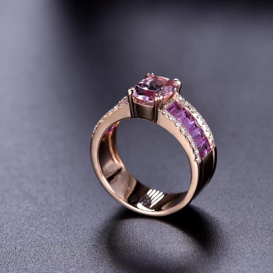 14K Rose Gold Ring with Diamond 1.33 ct Natural Morganite & Sapphire