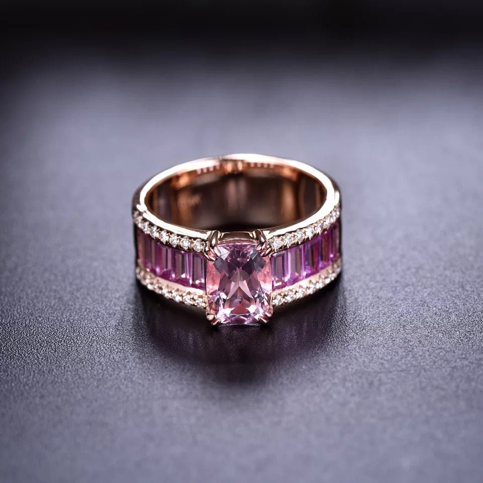 14K Rose Gold Ring with Diamond 1.33 ct Natural Morganite & Sapphire