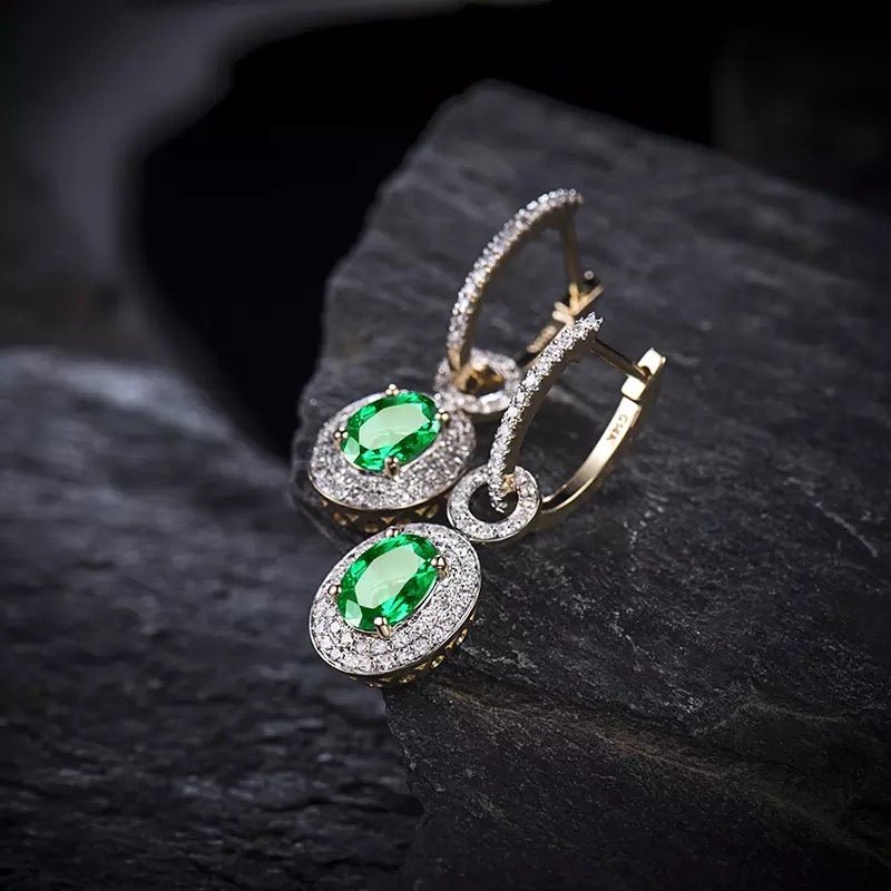 14Kt Yellow Gold 1.57 ct Emerald Earrings with Diamonds