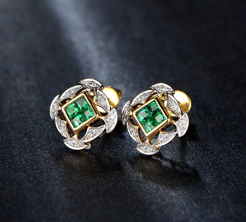 18Kt Yellow Gold Diamond 0.70 ct Emerald Stud Earrings