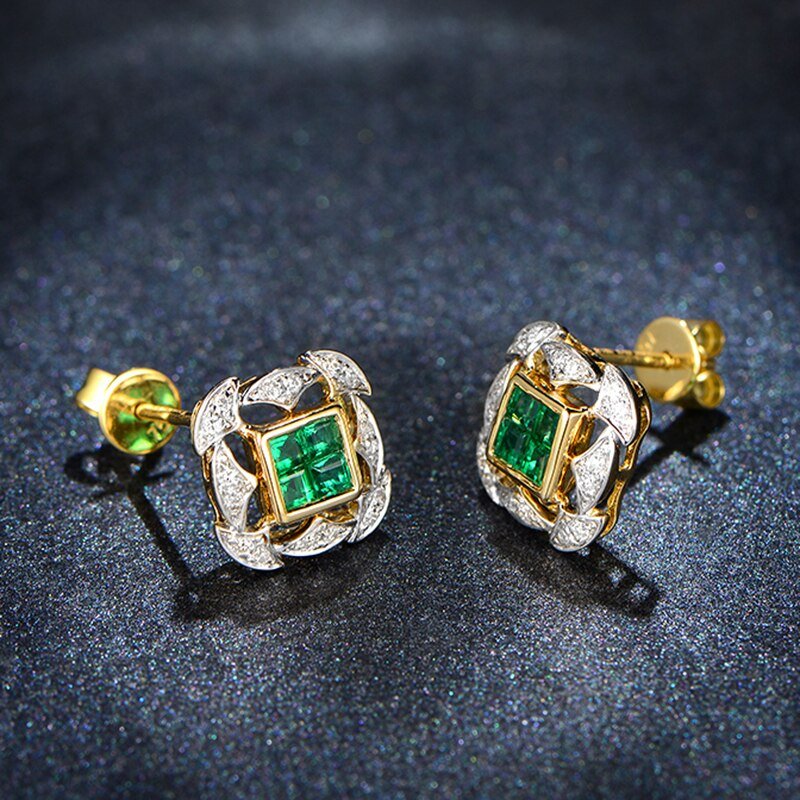 18Kt Yellow Gold Diamond 0.70 ct Emerald Stud Earrings