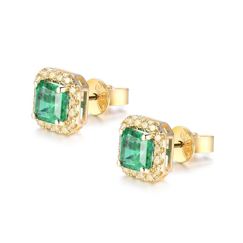 18Kt Yellow Gold Diamond 1.80 ct Emerald Stud Earrings