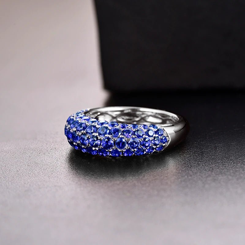 14K white gold blue sapphire ring with 3.55 carat natural oval cut sapphires, pavé style luxury unisex gemstone jewelry